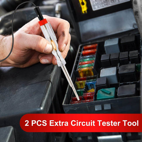 Person using a circuit tester tool on an automotive fuse box with Do-It-All 306 Piece Car Boat Truck SUV Auto Blade Fuse Kit.