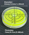 Three Pack Small Circular Bubble Levels 32x7mm Acrylic Round Spirit Level For Layout Tools with measurements shown