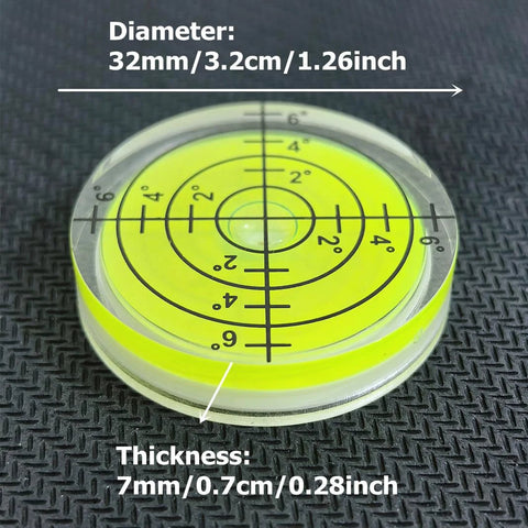 Three Pack Small Circular Bubble Levels 32x7mm Acrylic Round Spirit Level For Layout Tools with measurements shown