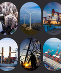Collage of industrial images including skyscrapers, wind turbines, oil pumps, shipping ports, and rig silhouette.