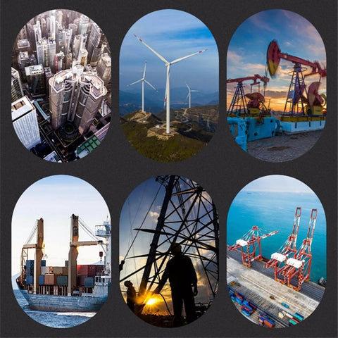 Collage of industrial images including skyscrapers, wind turbines, oil pumps, shipping ports, and rig silhouette.