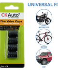 CKAuto packaging with Tire Valve Stem Caps Black Anodized Aluminum Set 4 Pack shown for universal fit on motorcycle, bicycle, car.