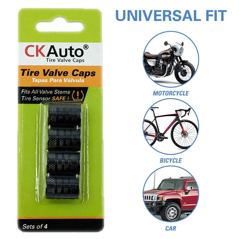 CKAuto packaging with Tire Valve Stem Caps Black Anodized Aluminum Set 4 Pack shown for universal fit on motorcycle, bicycle, car.