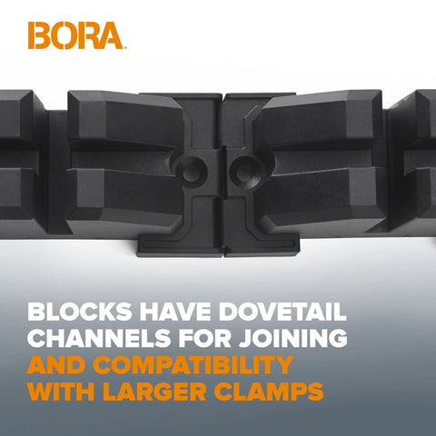 Close-up of Parallel Clamp Block Set For Woodworking 4 Pack With Dual Channel Design showing dovetail channels and clamp compatibility