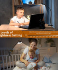 This clamp-on desk light with a 15.8 inch flexible silicone arm provides 3 color modes and 10 brightness levels for focused reading.