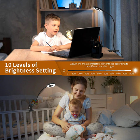 This clamp-on desk light with a 15.8 inch flexible silicone arm provides 3 color modes and 10 brightness levels for focused reading.