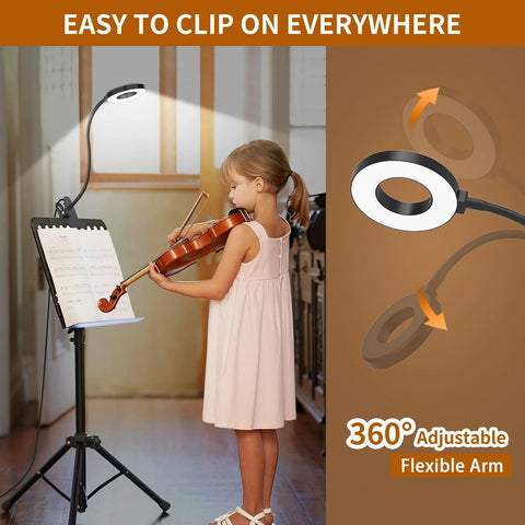 This clamp-on desk light with a 15.8 inch flexible silicone arm provides 3 color modes and 10 brightness levels for focused reading, studying, and crafts at a desk, headboard, or dorm, ideal for kids and late-night book sessions, clipped to a music stand.