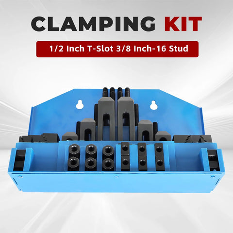 58 Piece Pro Series One Half Inch T Slot Clamp Kit With Three Eighth Inch Sixteen Thread Studs in blue case for milling machines