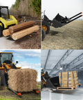 Heavy Duty Pallet Forks For Tractor Attachments And Skid Steer Loader Buckets, 6000 Lb Capacity in use with logs, hay, pallets