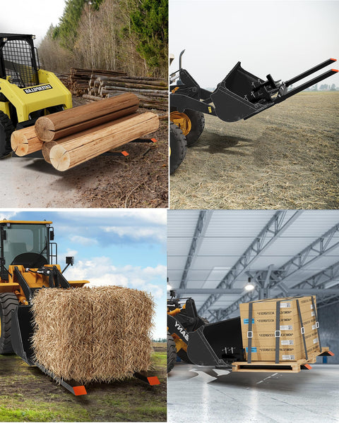 Heavy Duty Pallet Forks For Tractor Attachments And Skid Steer Loader Buckets, 6000 Lb Capacity in use with logs, hay, pallets