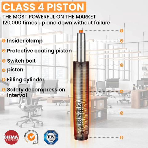 Class 4 piston for office chairs, labeled with specs, highlighting insider clamp, protective coating, and safety decompression.