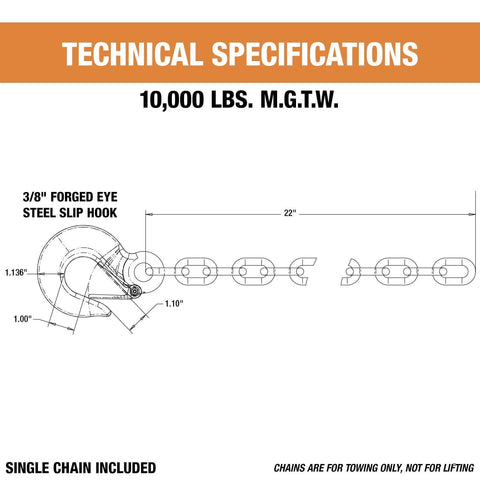 Technical drawing of B03822SC Class 4 Trailer Safety Chain With Forged Slip Hook, Zinc Plated, 22 in chain, 10,000lb MGTW