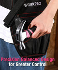 Person placing 8 Oz Claw Hammer With Fiberglass Handle For Easy DIY Projects into a tool belt, featuring a forged hardened steel head.