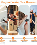 Various hammers in use, including eight ounce straight rip claw hammer with fiberglass handle smooth face non slip grip for carpentry.