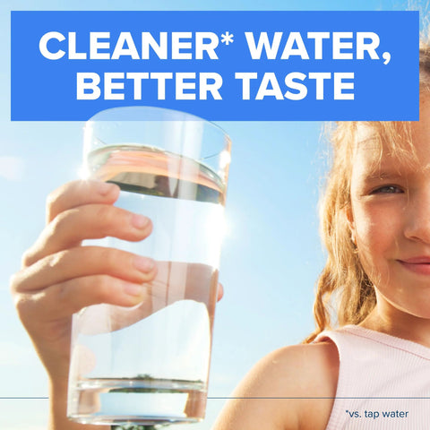 Child holding glass of clean water, text overlay "Cleaner Water, Better Taste," reflecting use of Elite Water Filter Replacements for Pitchers.