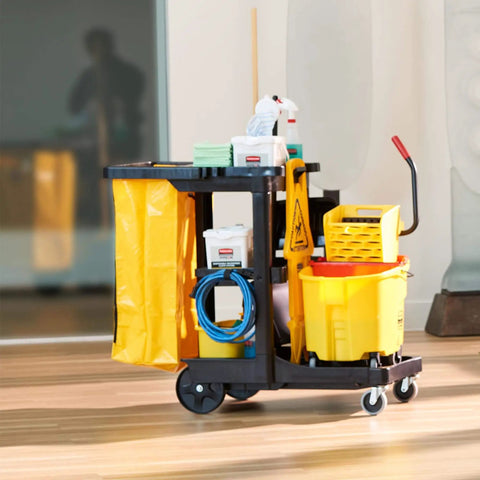 Workhorse Commercial Cleaning Cart with 3 shelves, yellow vinyl bag, mop bucket, tools for janitorial use in offices and schools