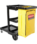 Workhorse Commercial Cleaning Cart With 3 Shelf Racks And Wheeled Design Featuring A Zippered Yellow Vinyl Bag Front Platform