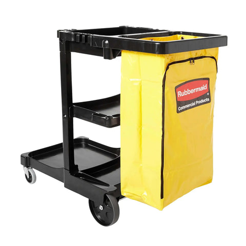 Workhorse Commercial Cleaning Cart With 3 Shelf Racks And Wheeled Design Featuring A Zippered Yellow Vinyl Bag Front Platform