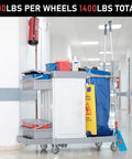 Cleaning cart with 5 Inch Thermoplastic Rubber Caster Wheels Set Of Four With Heavy Duty Precision Bearings Non Marking Floor Friendly Caster Wheels For Industrial Carts And Equipment 275 Lbs Load Capacity Per Wheel Quiet, Smooth Rolling And Floor Protective.