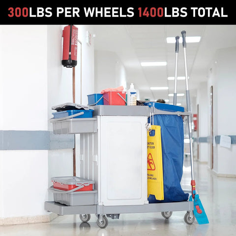 Cleaning cart with 5 Inch Thermoplastic Rubber Caster Wheels Set Of Four With Heavy Duty Precision Bearings Non Marking Floor Friendly Caster Wheels For Industrial Carts And Equipment 275 Lbs Load Capacity Per Wheel Quiet, Smooth Rolling And Floor Protective.