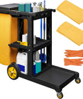 Beefed Up Cleaning Cart On Wheels With 3 Shelf Plastic Design For Janitorial Jobs Includes 2 Yellow 25 Gallon Vinyl Bags And Rubber Gloves In Black By YITAHOME, front view with supplies.