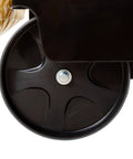 Close-up of wheel on Workhorse Commercial Cleaning Cart With 3 Shelf Racks And Wheeled Design Featuring A Zippered Yellow Vinyl Bag