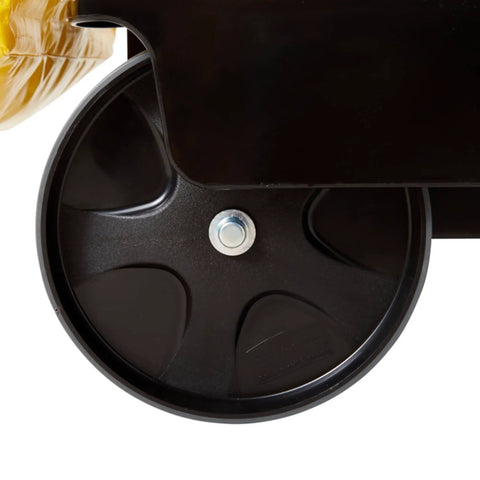 Close-up of wheel on Workhorse Commercial Cleaning Cart With 3 Shelf Racks And Wheeled Design Featuring A Zippered Yellow Vinyl Bag