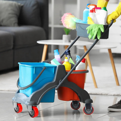 Cleaning trolley with two colored buckets and various cleaning supplies on heavy duty 3 inch caster wheels set of 4 with polyurethane steel wheels