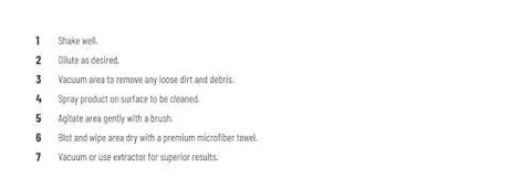 Instructions for using Chemical Guys Foaming Citrus Fabric Clean, Carpet and Upholstery Cleaner, steps 1 to 7 visible.