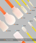 Various foam and microfiber swabs from the 10 In 1 Cleaning Swab Kit For Printer And Optics, 100-Piece Lab Swab Set with item codes visible.