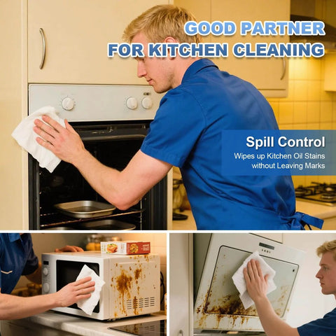 Person using lint free cleanroom wipes to clean kitchen appliances, demonstrating tear resistance and absorbency, Synvicovan.