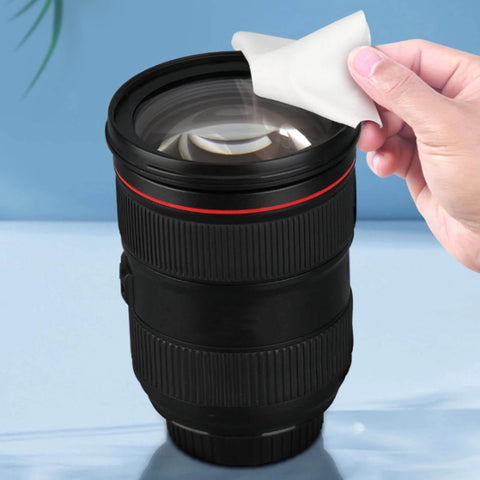 Using Pro Grade Cleanroom Wiper Cloths 200 Pack Polyester Fiber Cleaning Wipes on camera lens for non dust precision cleaning