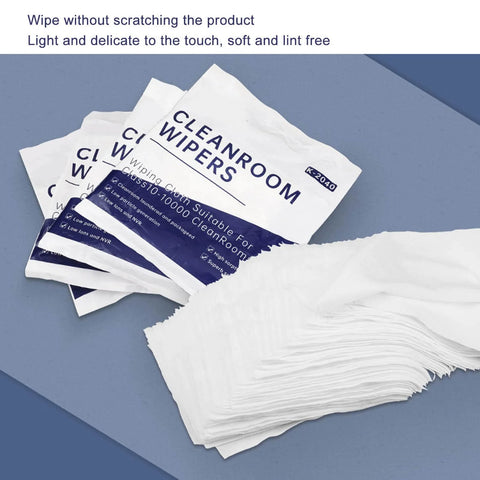 Pro Grade Cleanroom Wiper Cloths 200 Pack Polyester Fiber Cleaning Wipes displayed with packaging, non dust soft texture