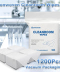 Lint Free Cleanroom Wipes 4x4 Inches 1200 Pack, Grade A 68GSM Cellulose Polyester Blend packaging and wipes displayed in lab