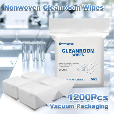 Lint Free Cleanroom Wipes 4x4 Inches 1200 Pack, Grade A 68GSM Cellulose Polyester Blend packaging and wipes displayed in lab