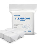 Lint Free Cleanroom Wipes 4x4 Inches 1200 Pack, Grade A 68GSM Cellulose Polyester Blend in packaging and stacked individually