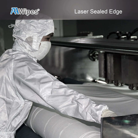 Technician in cleanroom producing Ultra Soft Cleanroom Wipes 12 By 12 Inches Bag Of 150 100 Percent Polyester Double Knit Lint Free Cloths