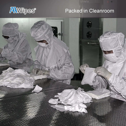 Workers packing Ultra Soft Cleanroom Wipes 12 By 12 Inches Bag Of 150 in Class 100 cleanroom with masks and gowns.
