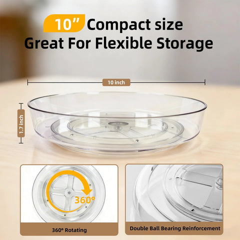 Clear BPA Free 360 Degree Lazy Susan Turntable showing 10-inch size and compact design for spice organization