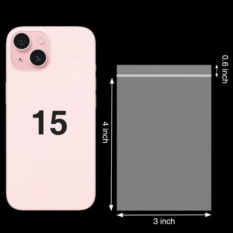 Comparison of smartphone size to 3x4 inch jewelry bag, showcasing 400 Pcs Clear 3x4 Inch Jewelry Bags 2 Mil Resealable Zip Bags size