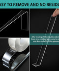 Close-up of heavy duty double sided tape half inch by 10 feet clear acrylic mounting tape shown on a roll and easy peel-off use.