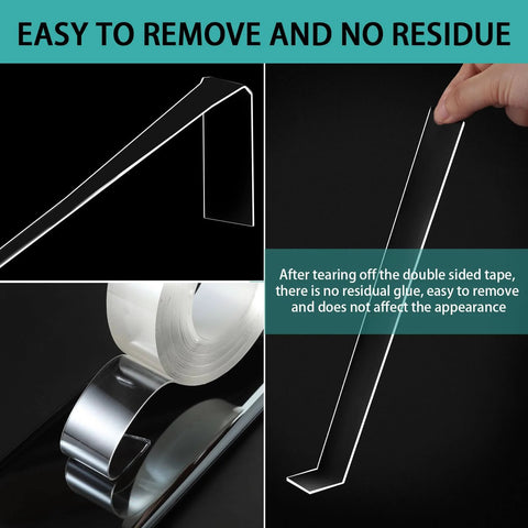 Close-up of heavy duty double sided tape half inch by 10 feet clear acrylic mounting tape shown on a roll and easy peel-off use.