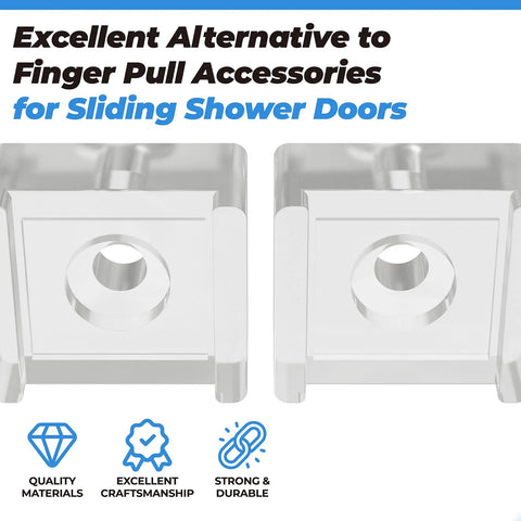 Clear Acrylic Finger Pull For Sliding Shower Doors Replacement Parts 2 Piece Set, Easy Inside Mount Grip shown beside illustration of features.