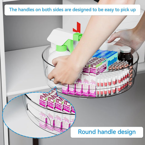 Clear 12 Inch Lazy Susan Turntable Set With Handles 4 Pack Acrylic Spinning Organizer in use, showing grip and storage capacity.