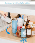 Clear 12 Inch Lazy Susan Turntable Set With Handles 4 Pack Acrylic Spinning Organizer holding various bottles on countertop.