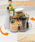 4 Pack 9.5 Inch Clear Acrylic Lazy Susan Turntable Organizer spinning with kitchen essentials, showcasing smooth bottom guide rail.