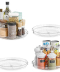 4 Pack 9.5 Inch Clear Acrylic Lazy Susan Turntable Organizer with pillars, filled with spices and condiments, for versatile storage use.