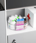 Clear 12 Inch Lazy Susan Turntable Set With Handles 4 Pack Acrylic Spinning Organizer in cabinet with medical supplies.