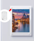 Clear Acrylic Sign Standoffs Half Inch By Half Inch with Four Millimeter Cap and Eleven By Seven Point Five Millimeter Thread Wall Mounting Hardware for Signs Glass Displays and Advertising Panels Eight Piece Set Easy Install, 8-pack holding a scenic photo on a wall for a floating look.