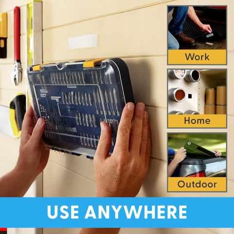 Installing Industrial Strength 1 Inch By 5 Foot Clear Self Mating Reclosable Fasteners With Stick On Adhesive on a wall, holding toolbox.